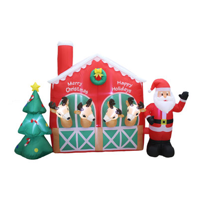 9 Foot Long Lighted Christmas Inflatable Santa Claus Reindeer in Stable with Christmas Tree Indoor / Outdoor Holiday Blow Up Yard Garden Decoration