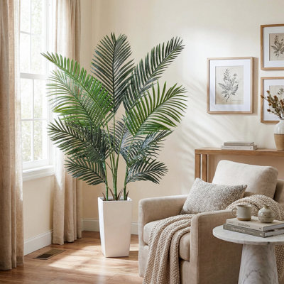 5FT Artificial Areca Palm Tree in White Square Planter Realistic Faux Palm Plant for Home Office Floor Decor