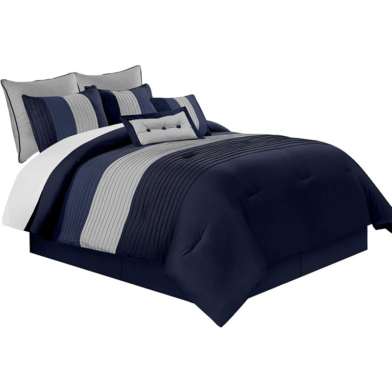 Loft 8-Piece Pleated Stripe Microfiber Comforter Set, Full Comforter + 2 Standard Shams, Navy