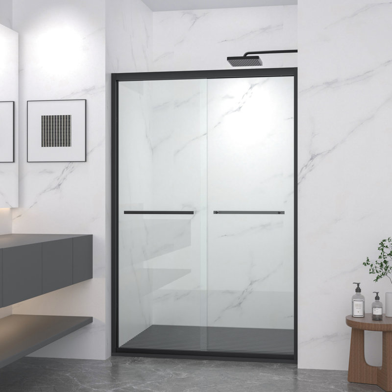 44 - 48" Wide Aluminum Frame Double Sliding Shower Enclosure With Chamfered 8Mm Tempered Glass, Corrosion Handle, Handle For Towel And Sliding, Reversible Installation In Bathroom Chamfer Edged Black