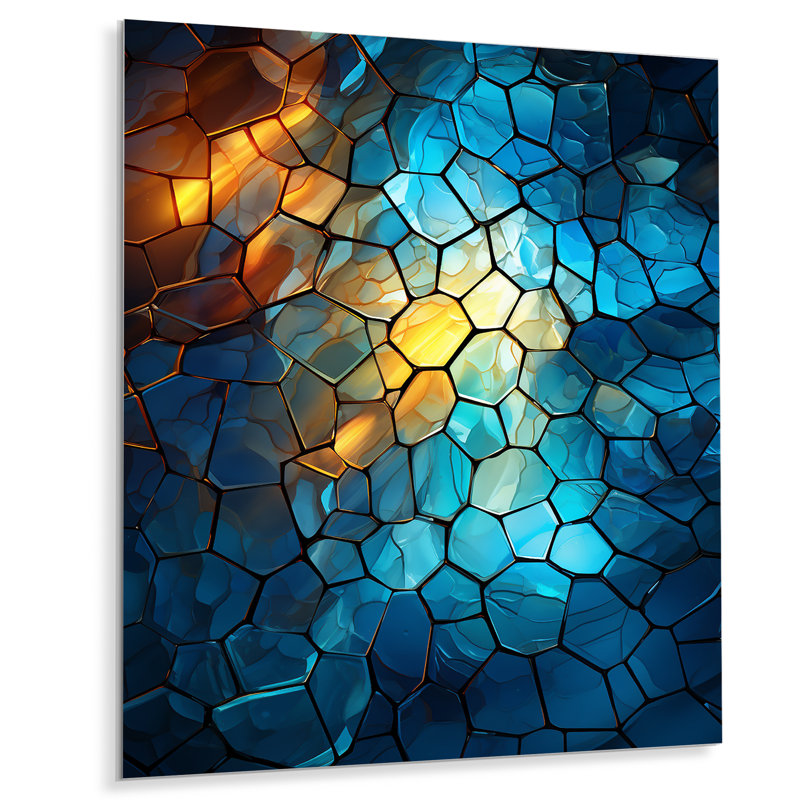 Fractale bleue et jaune mosaïque I - décoration murale abstraite en métal, H 20 po x l 12 po x P 1 po