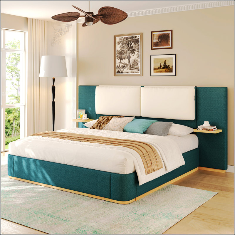 Grand lit plateforme tapissier avec panneau, Grand lit, Vert