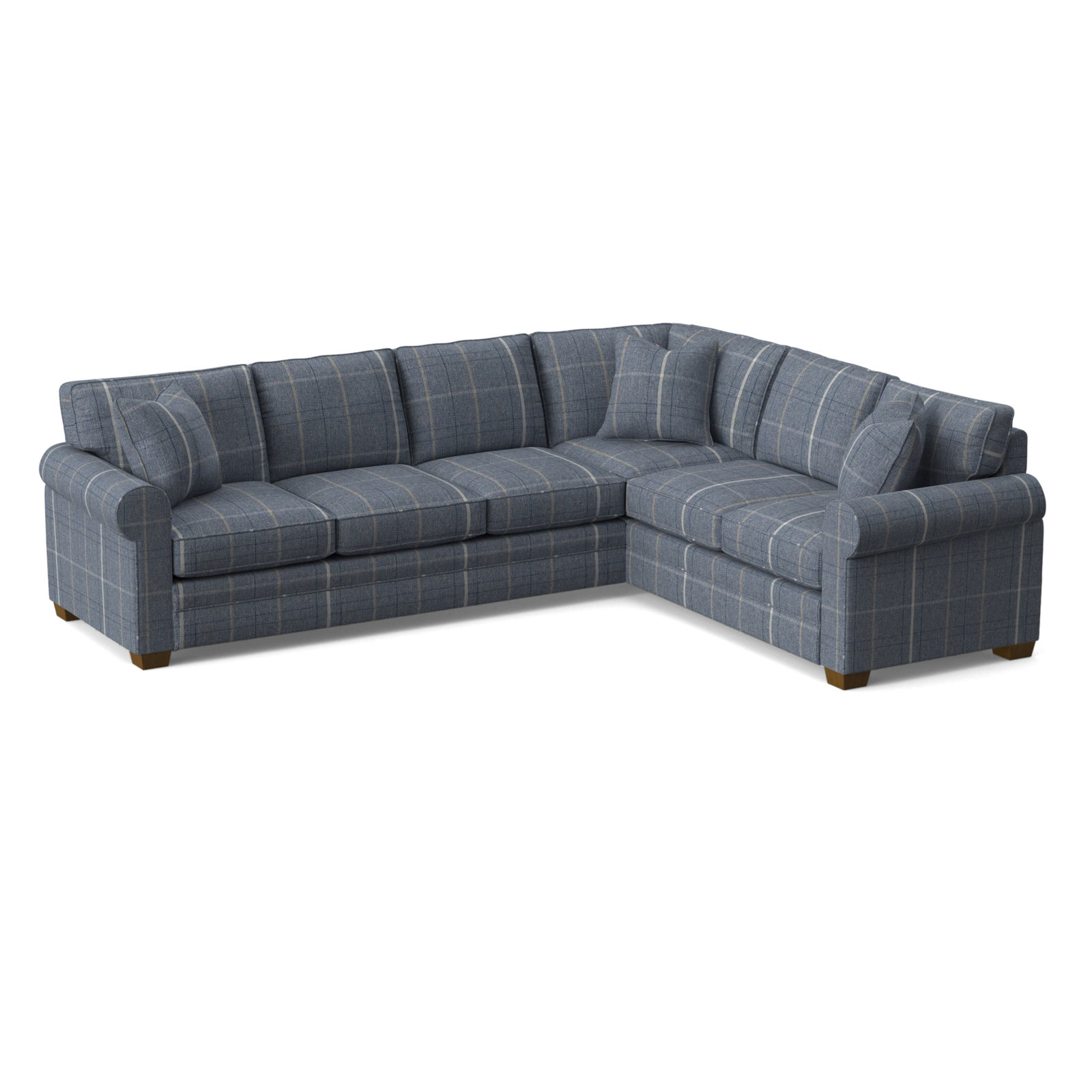 Bedford Upholstered L-Sectional, Havana Finish, Lapis Plaid; 0126-63, Right Hand Facing