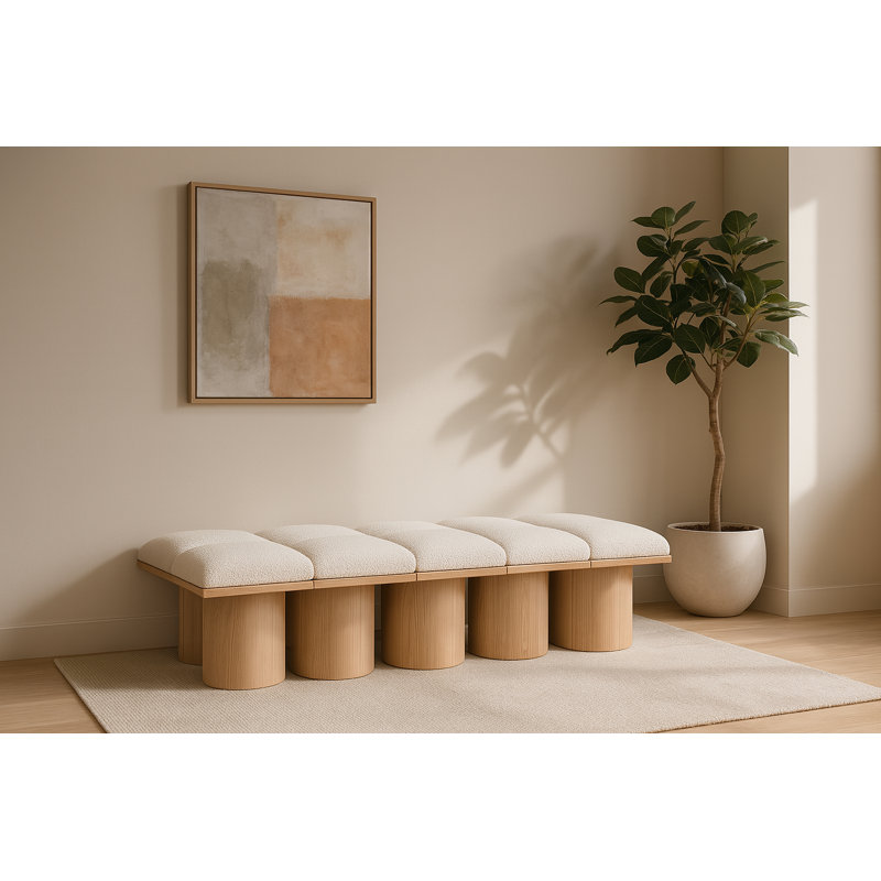 Banc rembourré Husnan, H 17,5 po x l 77,5 po x P 36 po, Naturel, Tissu crème bouclé
