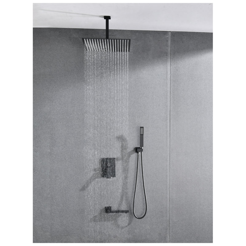 Système de douche à pluie 16 pouces avec pomme de douche à main et bec de baignoire - Ensemble de douche en laiton nickel brossé