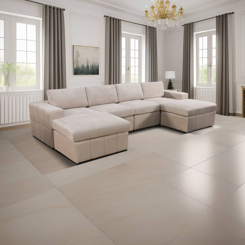 POSTIE 6-PieceCorduroy Living Room  Couch Sofa with 2 Ottomans, Beige Corduroy