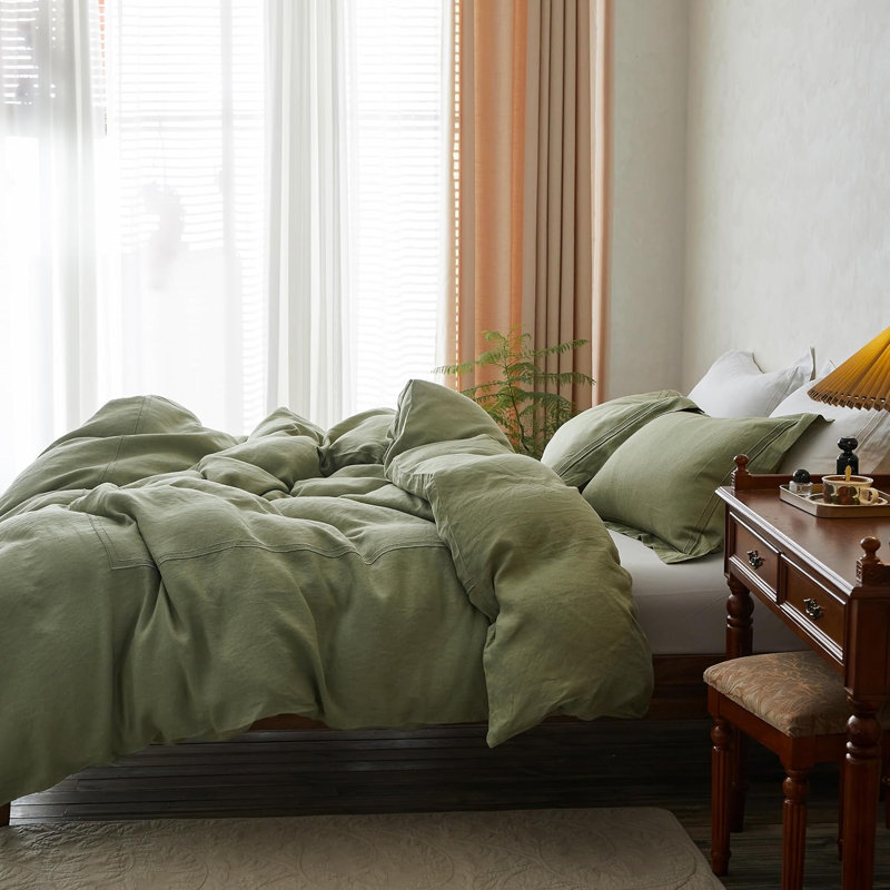 100% Washed Linen Duvet Cover Set-3 Pieces 1 Duvet Cover And 2 Pillowcases, Embroidery Sage Green