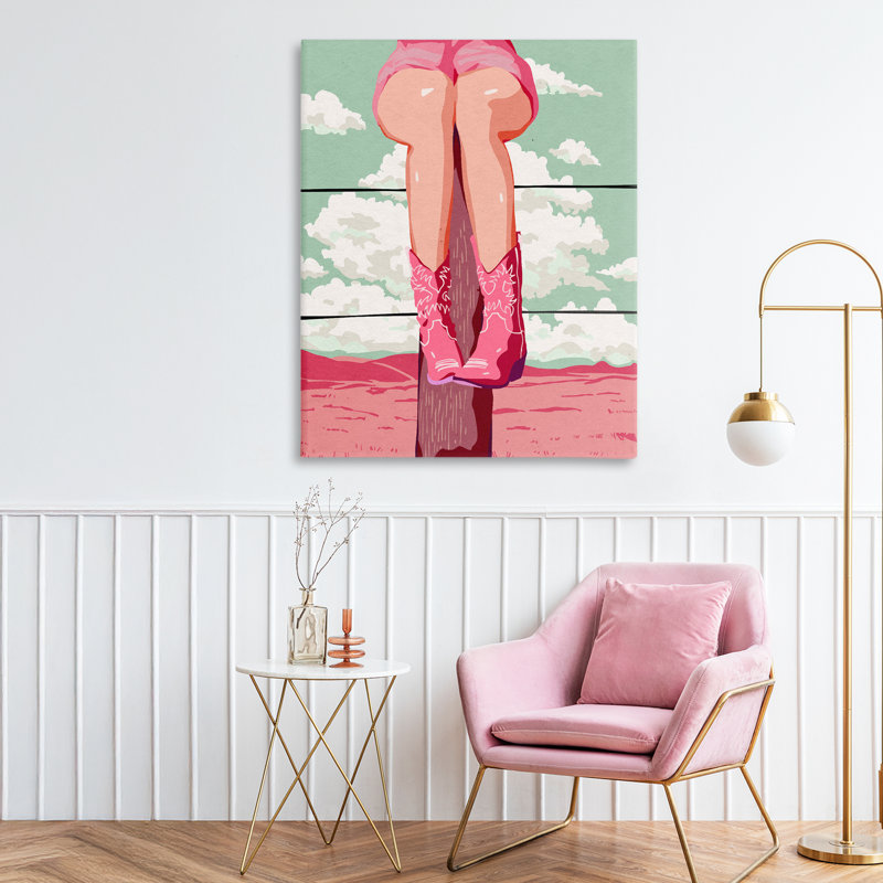 Cowgirl sur toile de poteau de clôture, design par Ziwei Li, H 30 po x l 24 po