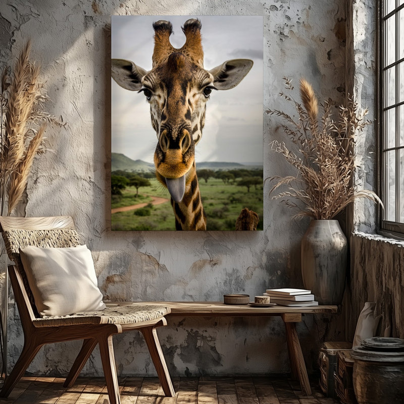 Toile, gros plan d'une girafe ludique, art mural à long cou, gracieusement arquée, H 14 po x l 11 po