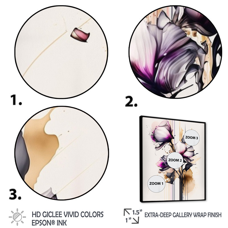 Fleur d'orchidée rose sur fond abstrait I - impression sur toile, H 20 po x l 12 po x P 1 po, Cadre flottant noir