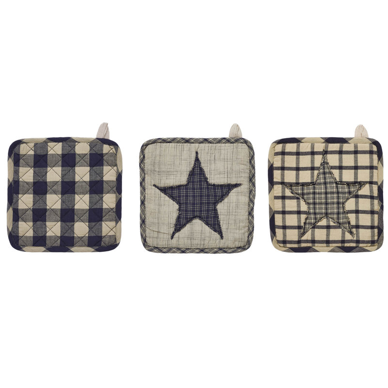 Navy and Tan Patchwork Cotton Pot Holder Set of 3