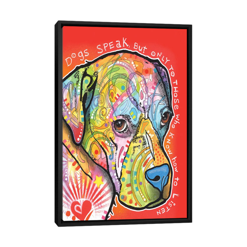 « dogs speak », impression sur toile tendue, H 26 po x l 18 po x P 1,5 po, Toile avec cadre noir