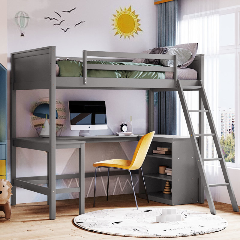 Lit mezzanine simple avec bureau de rangement et tablette - gris, transformez le décor de votre chambre à coucher, bois de pin, tablettes pratiques pour travailler
