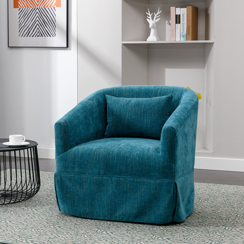 360-Degree Swivel Upholstered Armchair with Accent Pillow, Teal Linen Blend