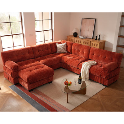 Modular Sectional Couch With Ottoman, 6-Seater Modern U-Shaped Sofa Couches, Comfy Chenille Sofa-Orange