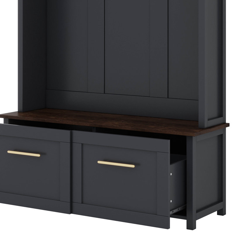 Modern 4-In-1 Hall Tree With 6 Golden Hooks, Space-Saving Entryway Storage & Bench, Black