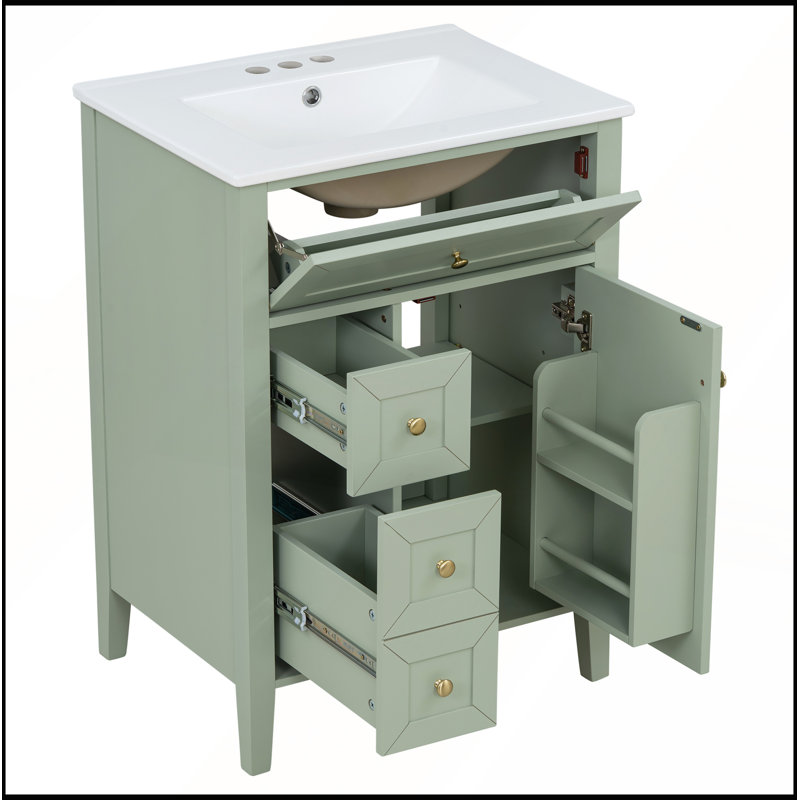 Meuble-lavabo vert clair 24 po avec lavabo en céramique et porte à fermeture en douceur pour un rangement efficace et une conception élégante
