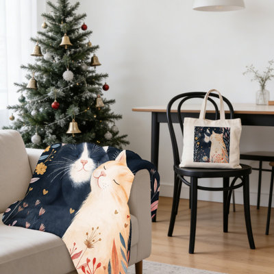 Christmas Cozy Two-Tone Cat & Floral 2-Piece Gift Set: 40x50 Inch Flannel Blanket + 15.75x13.78 Inch Canvas Tote – Festive Holiday Home Decor Bundle