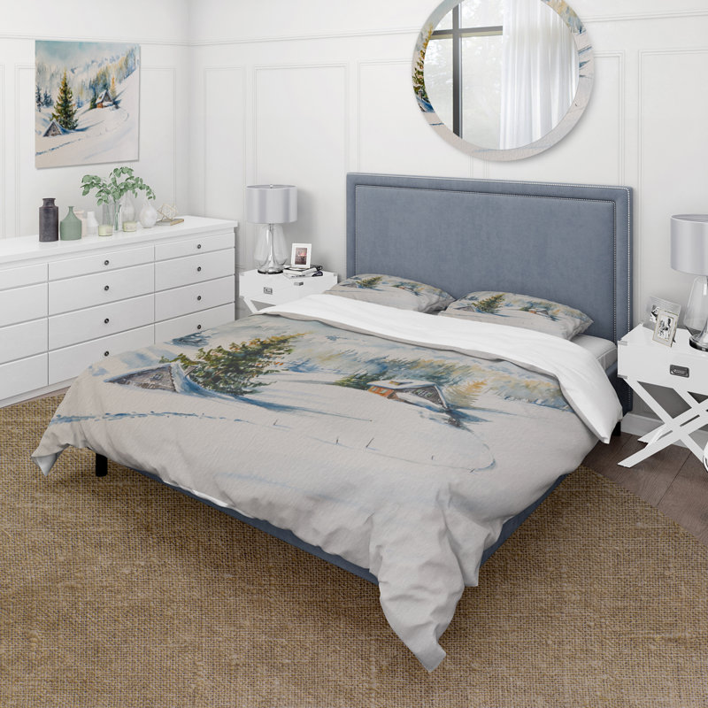 Little House In The Winter Mountains - Ensemble de housse de couette traditionnel - Microfibre de polyester
