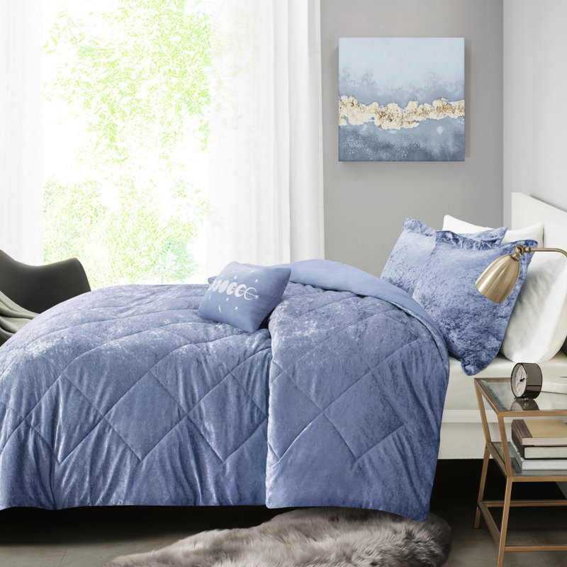 Housse de couette simple / simple TG en velours écrasé bleu pervenche - avec coussin décoratif et revers en microfibre pour une chambre à coucher confortable