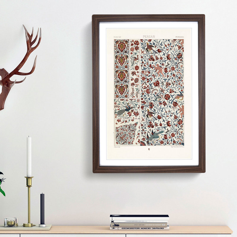 Persian Flowers & Birds Pattern by Albert Racinet - Picture Frame Painting Print, 65cm H x 48cm W x 2cm D, Walnut Framed
