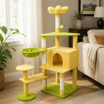 Cat Tree, Flower Design with Large Condo, Removable Flower Cushion & Hammock - Yellow