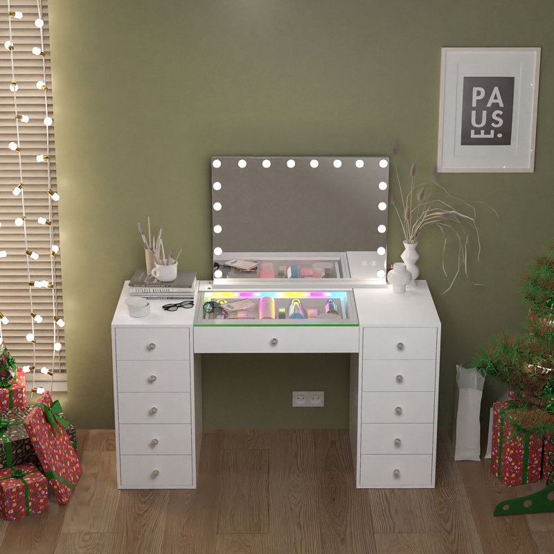 Meuble-lavabo moderne avec miroir à DEL, MDF, blanc, rangement spacieux pour la maison