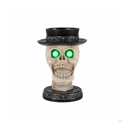 Bougeoir en forme de crâne d'Halloween avec yeux verts lumineux, statue de tête de squelette gothique à la bouche ouverte et chapeau haut-de-forme noir, décoration de table effrayante pour une fête à la maison
