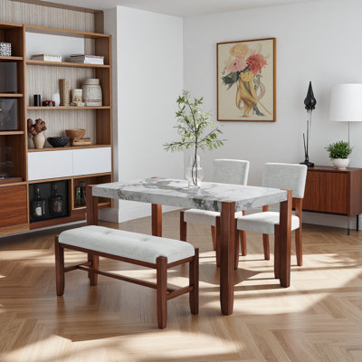Ensemble de salle à manger 4 pièces, 1 table en marbre et 2 chaises rembourrées et 1 banc avec pieds en bois d'hévéa massif