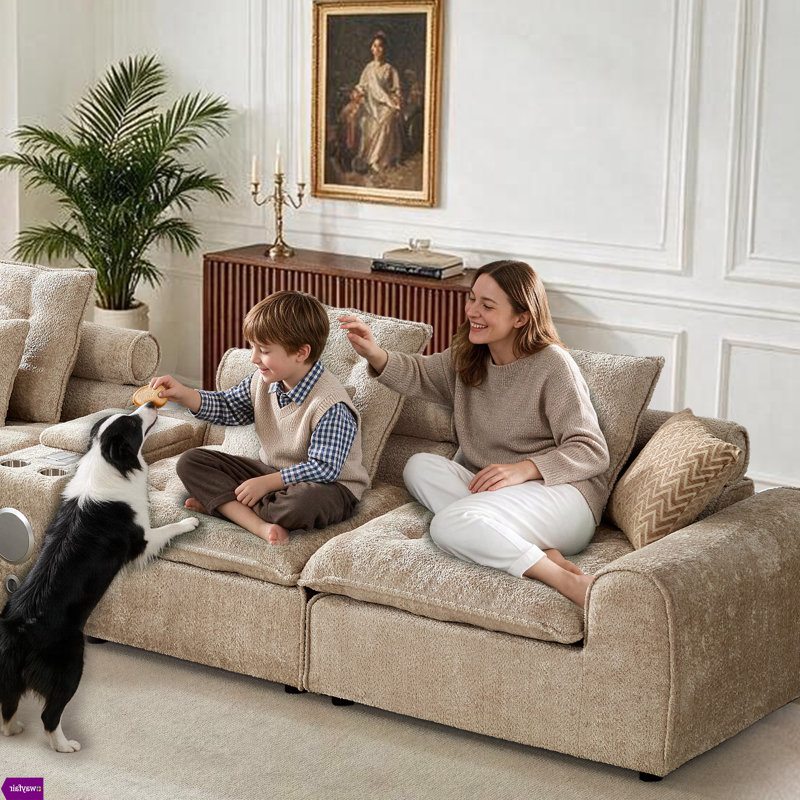 Canapé de coin modulaire en U avec coussins décoratifs Alhertine, Camel Corduroy