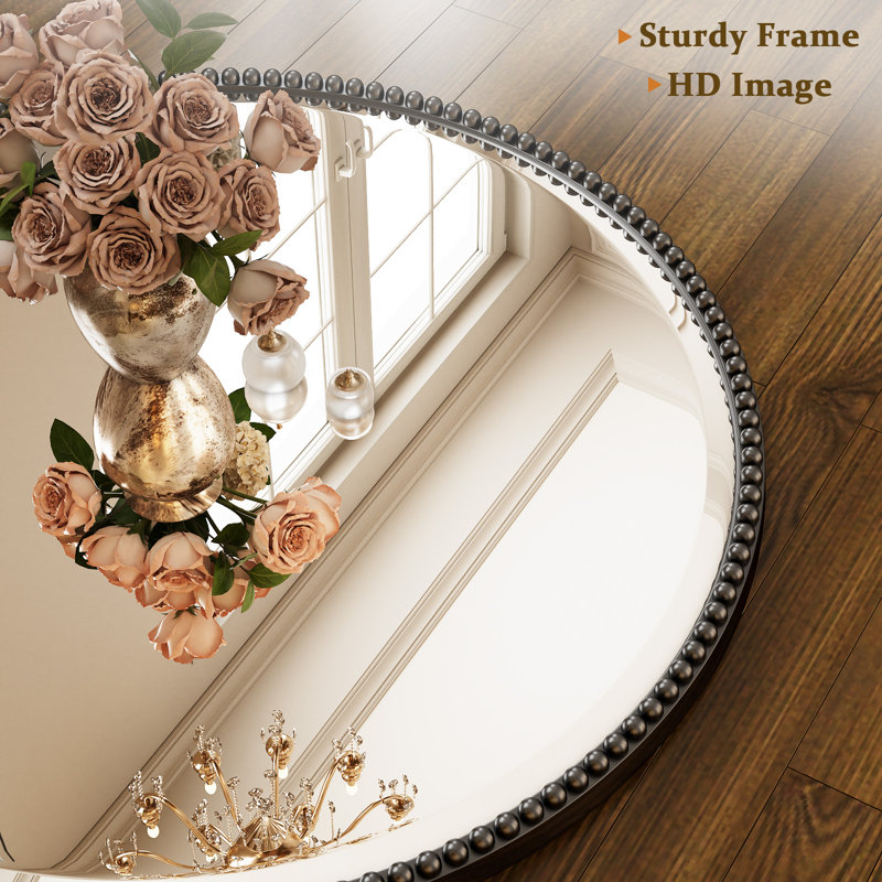 Beaded Round Wall Mirror Decorative Vanity Bathroom Mirror With Resin Frame, Black, 28" H x 28" W