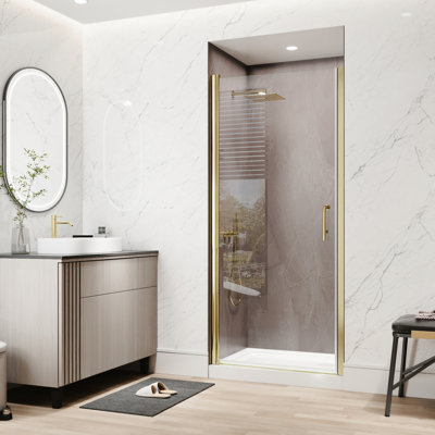 1/4 In. Clear Glass Pivot Shower Door In Brushed Gold, Reversible And Adjustable For Bathroom Areas, Splash - Proof To Keep Water Inside Small