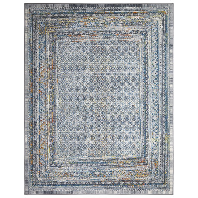 Lyanne Washable Non-Slip Diamond Ivory/Blue Area Rug