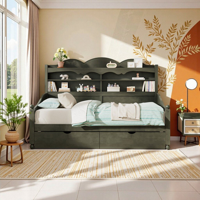 Retro Twin Daybed with Storage Drawers & Shelving - Antique Grey, Space-Saving Bed for Bedroom, Living Room, or Guest Room