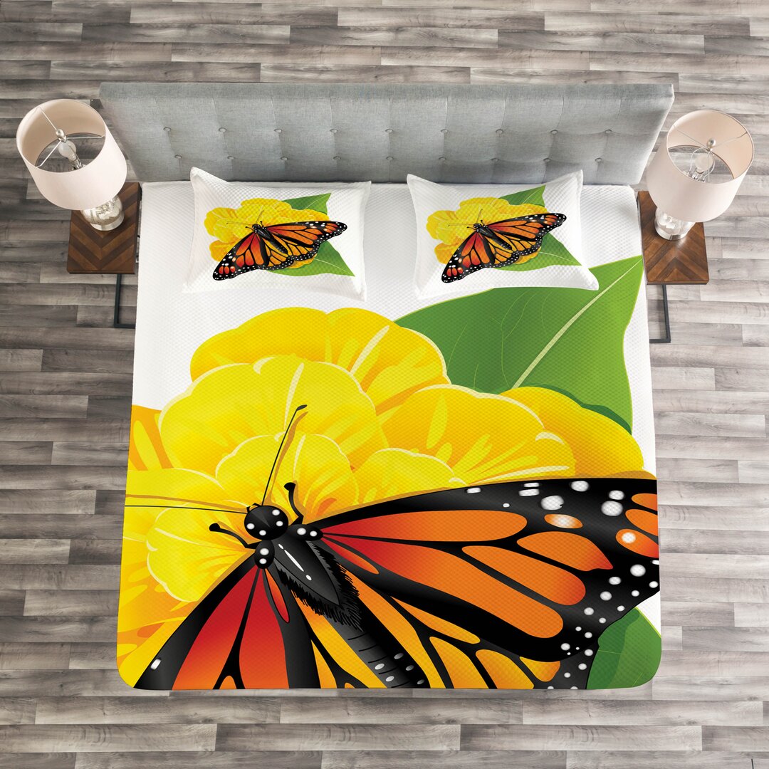 Gestepptes Bettdecken-Set, Moth Blume, Orange und Schwarz, Gelb Grün Orange