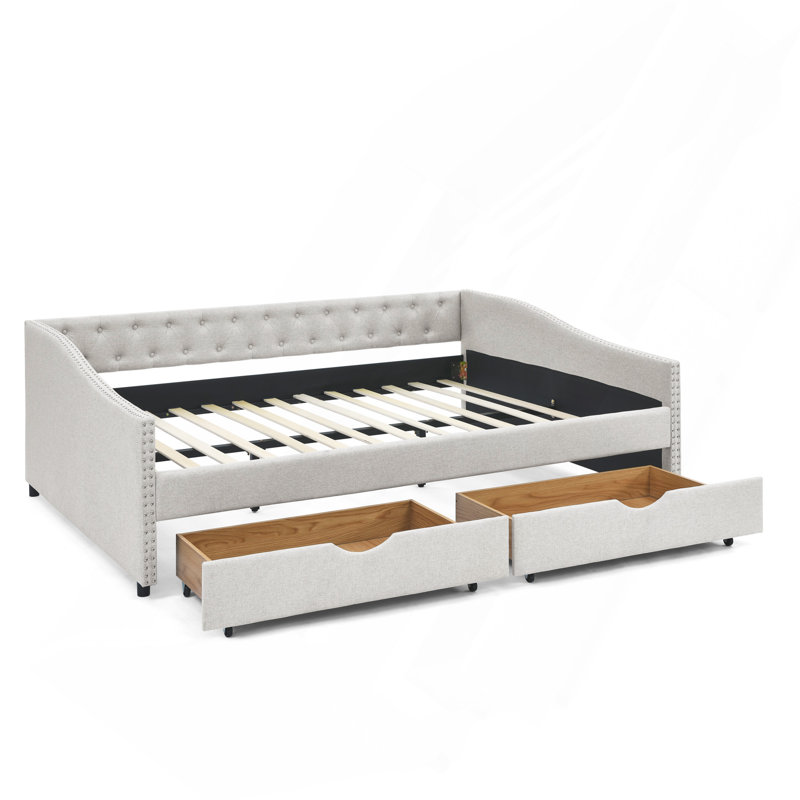 Queen Size Daybed With Drawers Upholstered Tufted Sofa Bed, With Button On Back And Copper Nail On Waved Shape Arms, Beige