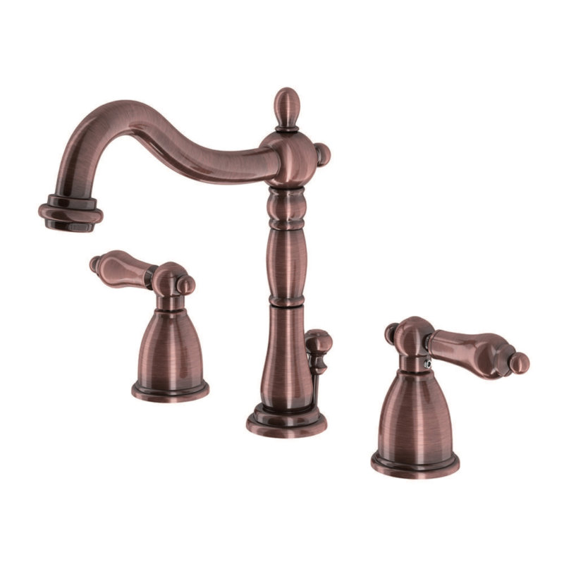 Kingston Brass Heritage Two-Handle 3-Hole Deck Mount Widespread Bathroom Faucet with Brass Pop-Up Drain, Antique Copper