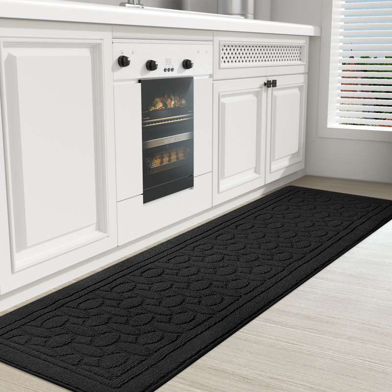 Floral Water Resistant Non-Skid Kitchen Mat, Runner 1'6" x 6'7", Black