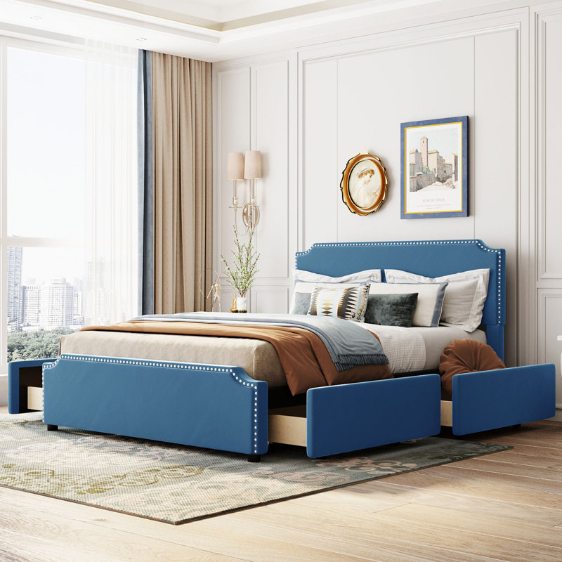 Upholstered Platform Storage Bed, Blue