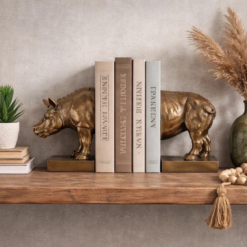 Ensemble de 2 serre-livres décoratifs Nimy, rhinocéros de la jungle, polyrésine bronze