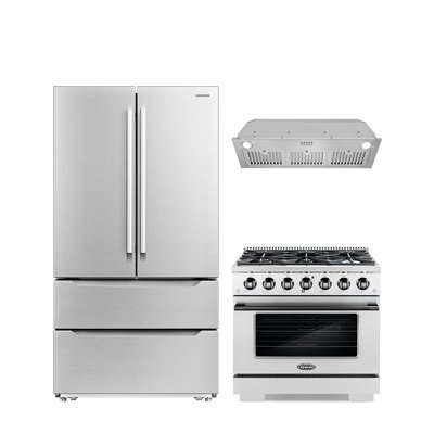Cosmo 3 Piece Kitchen Appliance Package with French Door Refrigerator , 36'' Gas Freestanding Range , and Insert Range Hood -  COS-4PKG-1202
