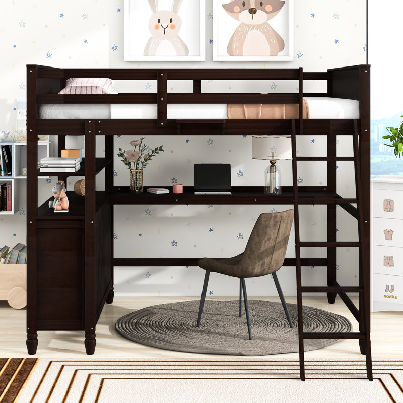 Lit mezzanine avec tablettes et bureau, tablette pleine grandeur en bois massif. Fabrication durable. Maximiser l'espace de travail dans la chambre à coucher