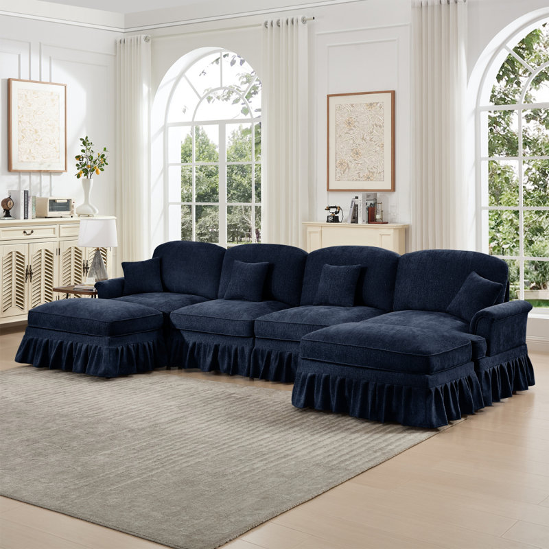 Canapé modulaire en U avec accoudoirs évasés et volants amovibles Classic, Chenille bleu, 2