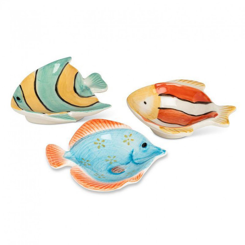 Plat à poisson jaune et turquoise rayé