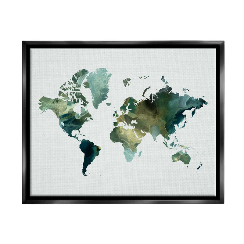 "Green Tone World Map Floater", art mural par Grace Popp, Cadre flottant noir de jais, H 17 po x l 21 po x P 1,7 po