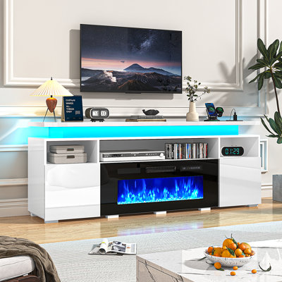 70" Fireplace TV Stand For Tvs Up To 85 In, High Gloss Media Console With 40" Electric Fireplace, LED Lights and Charging Station, Fireplace Entertainment Center For Living Room, White