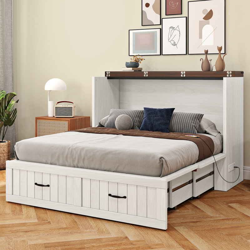  Farmhouse Full Size Murphy Bed, Fold Out Storage Cabinet Bed With Drawer & Charging Station