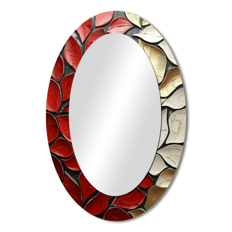 Red Gold And White Tango Mosaic I - Bohemian Oval Wall Mirror, 36" x 24"