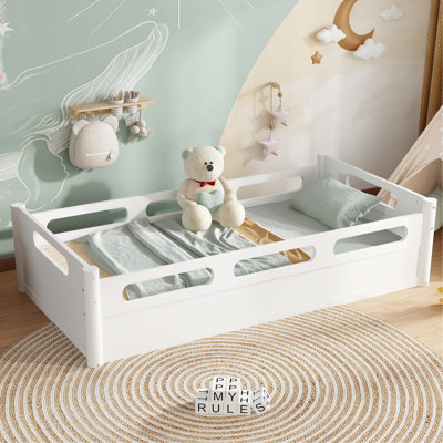 Floor Platform Bed With Full-Length Guardrails, Bed Frame With Wood Slats Support