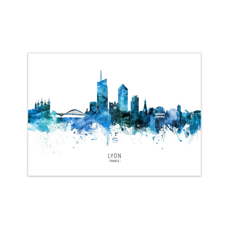 Lyon France Skyline Blue City Name by Michael Tompsett - Print, Unframed, 42cm H x 59cm W x 1cm D
